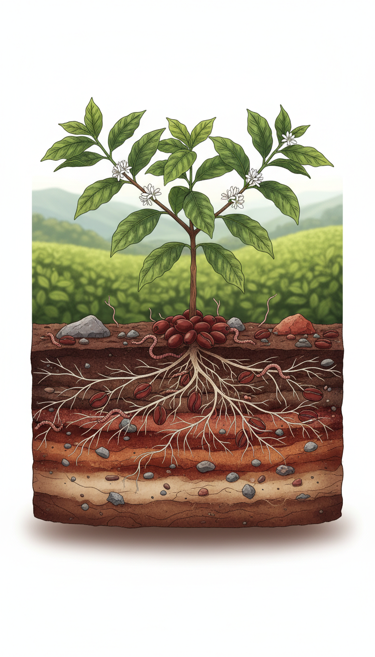 An intricately detailed cross-section of fertile, volcanic Yunnan soil, with visible layers showing rich dark earth, reddish mineral deposits, and fine root systems entwined around coffee beans and small rocks. Tiny earthworms and delicate roots wind through the soil, demonstrating nutrient cycles and healthy growth. The section is shown beneath a meticulously rendered coffee plant, its leather-textured green leaves stretching upward. The background is a softly blurred, sunlit field, with the lower soil layers in gentle shadow to emphasize depth. The lighting is natural and even, highlighting the textures without harsh contrast. The mood is educational and insightful, perfect for explaining environmental connections. Presented from a side-on, cut-away view with sharp focus throughout, using a clean, modern realist illustration style to clearly convey biological details.