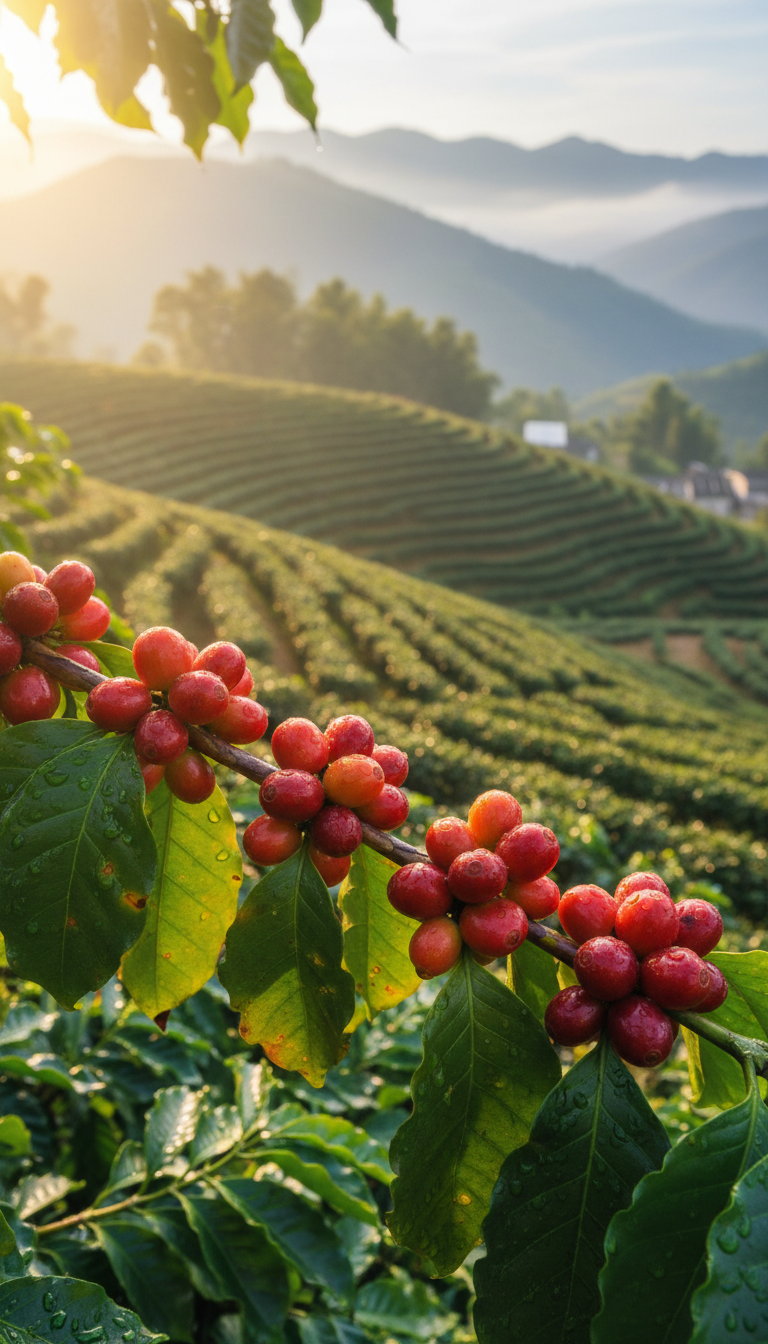 A close-up view of ripe, glossy coffee cherries clustered on a mature coffee branch, each fruit varying from deep ruby red to bright orange, nestled among vibrant emerald-green leaves sprinkled with dew. The branch angles diagonally across a sun-drenched, terraced hillside in Yunnan, where distant rows of coffee plants form textured patches against rolling misty mountains. Golden morning sunlight illuminates the cherries, highlighting their plumpness and rich color while creating gentle shadows beneath the leaves. The mood is hopeful and abundant, capturing the essence of Yunnan’s coffee bounty. Shot from a slightly elevated perspective, the composition uses a shallow depth of field to softly blur the scenic background, emphasizing the intricate textures of the fruit and foliage. The style is photographic realism, clean and vivid, supporting the site’s educational focus on the beauty and detail of coffee agriculture.