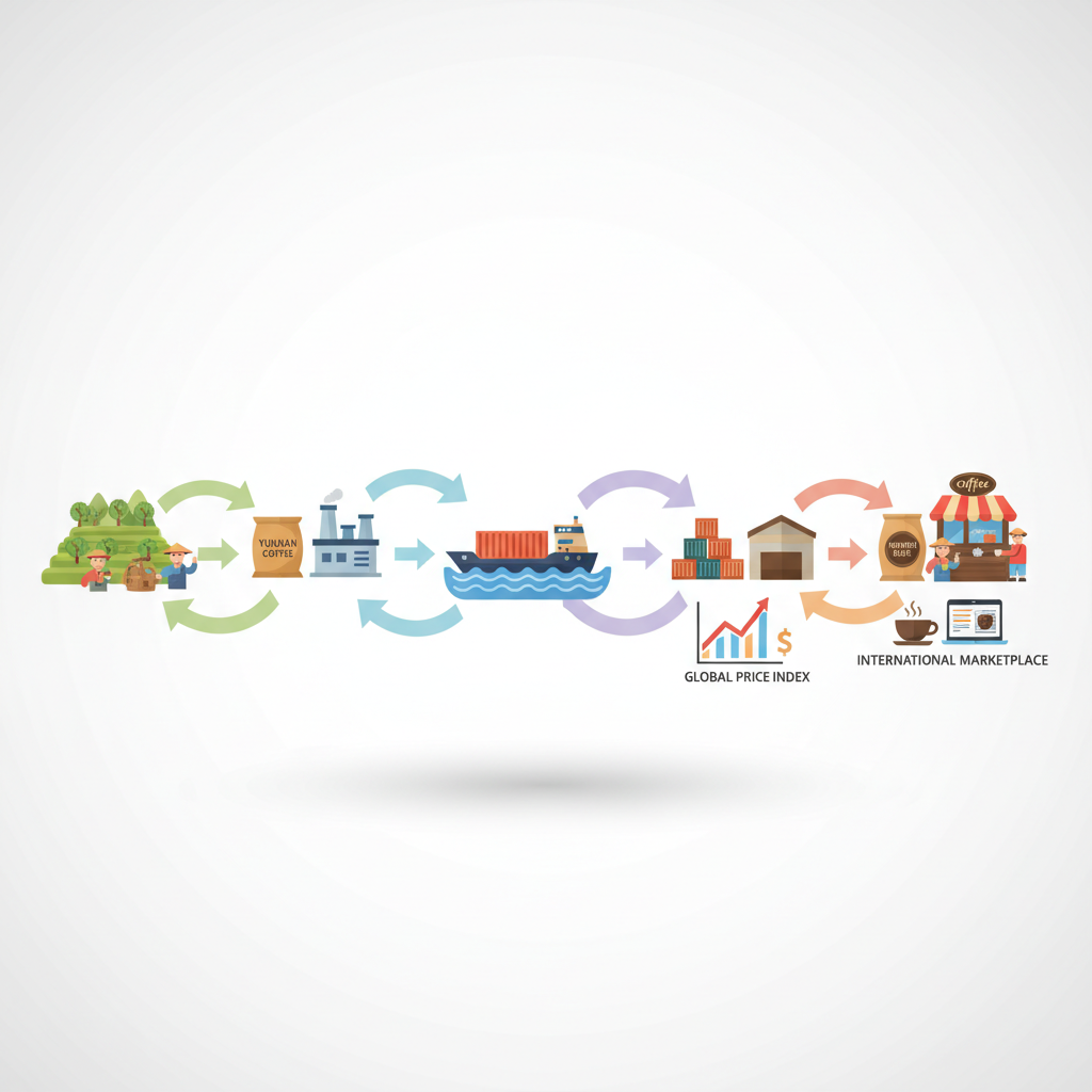 A cleanly designed, graphical illustration of the global coffee supply chain as it impacts Yunnan farmers, showing stylized icons such as shipping containers, cargo ships, bags of green coffee beans, digital price graphs, and Yunnan’s terraced hills. The icons are arranged in a flowing, horizontal sequence, with curved arrows and gentle gradients guiding the viewer along each step, from farm to international market. The scene is set on a crisp, white backdrop with subtle drop shadows to create depth. Soft, ambient lighting keeps the visual bright and approachable. The atmosphere is dynamic and informative, emphasizing interconnectedness and movement. Composition follows a left-to-right flow, with balanced spacing and ample negative space, in a contemporary flat-vector style for easy integration into data-heavy site sections.