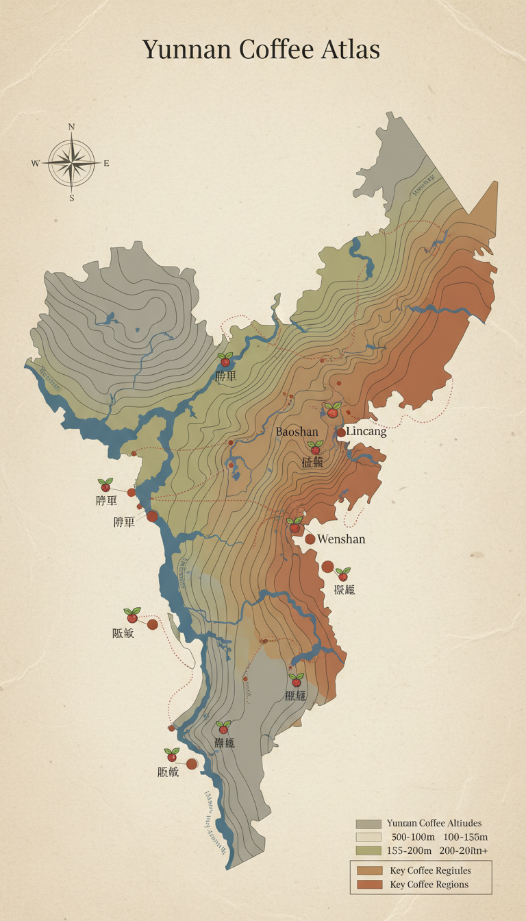A detailed, informative map of Yunnan’s coffee-growing regions rendered in a modern, minimalist style, with illustrated topographical texture showing mountain ridges, river valleys, and distinct color zones for different altitudes. Key coffee regions are highlighted with small icons of coffee cherries, and major trade routes are indicated with subtle, dotted lines. The setting is a neutral parchment-like background evoking traditional maps, with soft, diffuse lighting making all labels and colors easily readable. The mood is scholarly and enlightening, inviting viewers to explore and learn. Presented from a bird’s eye, overhead perspective, with a balanced composition that emphasizes clarity and educational purpose. Clean, simple vector lines and muted color palette ensure the map integrates seamlessly with an informative, content-rich website.